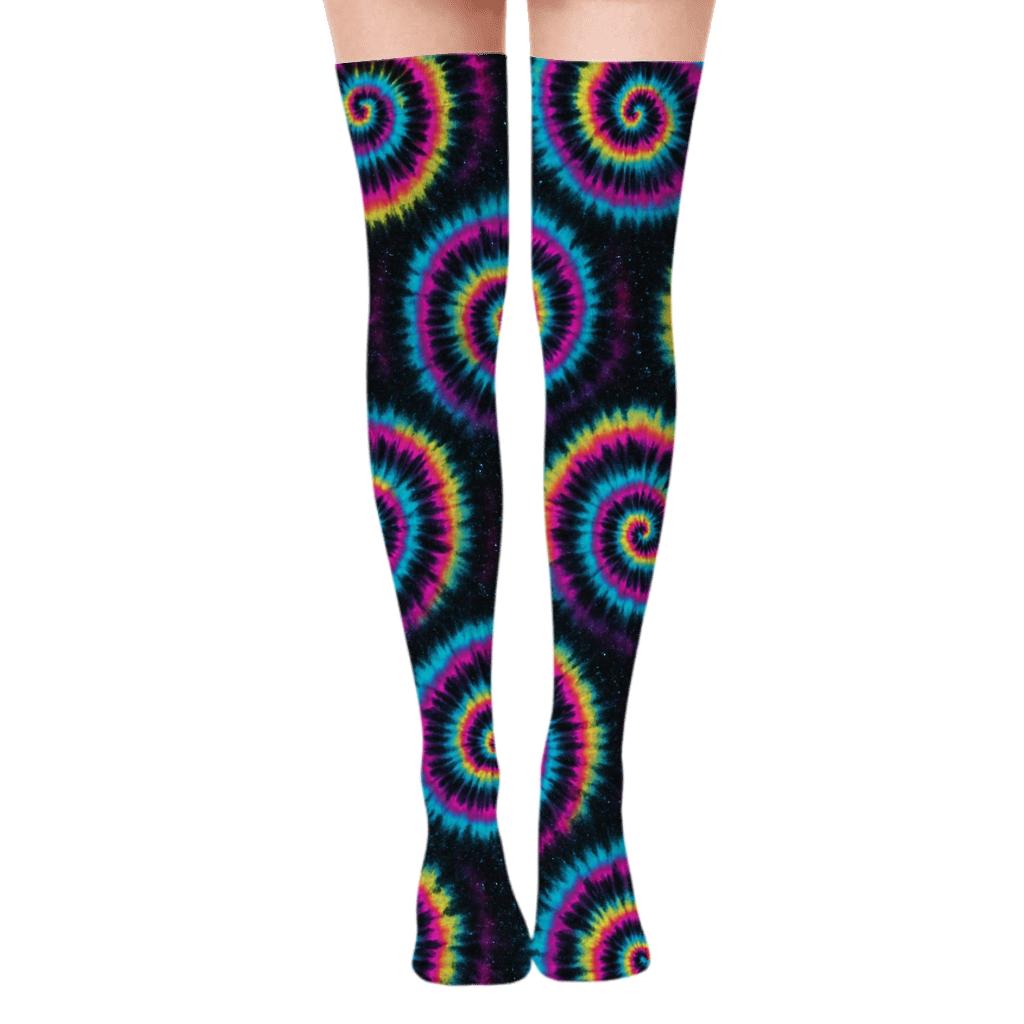 Neon Spiral Tile Vortex On Black Background comfortable cotton over-the-knee socks