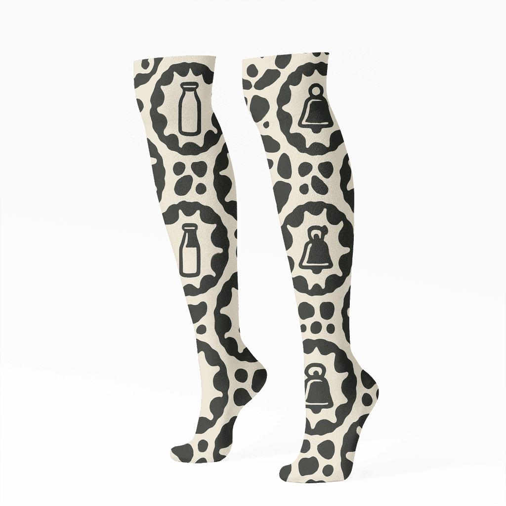 Retro Dairy Label Cow Spot Medallions trendy patterned knee-high socks