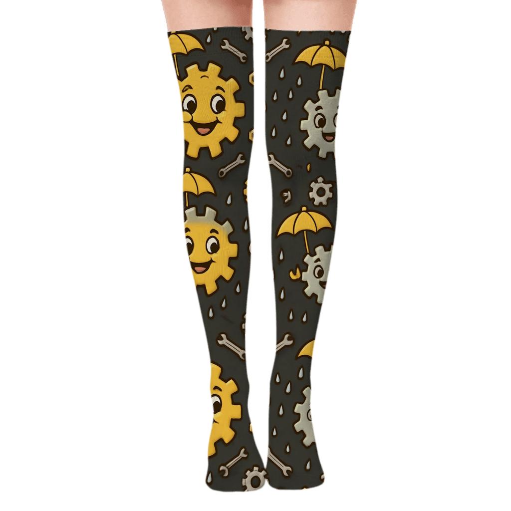 Mechanic Umbrella Gear Tessellation On Charcoal Field unique graphic over-the-knee socks