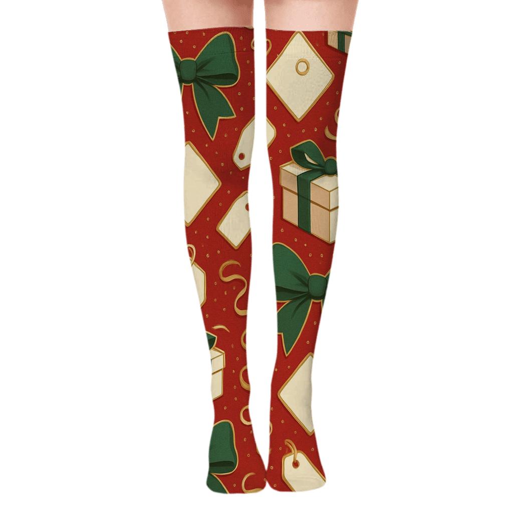 Presents Ribbon Stripe Lattice On Festive Red Ground premium cozy over-the-knee socks