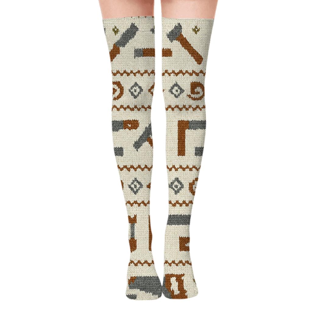 Knitted Carpenter Tool Fair Isle Bands unique graphic over-the-knee socks