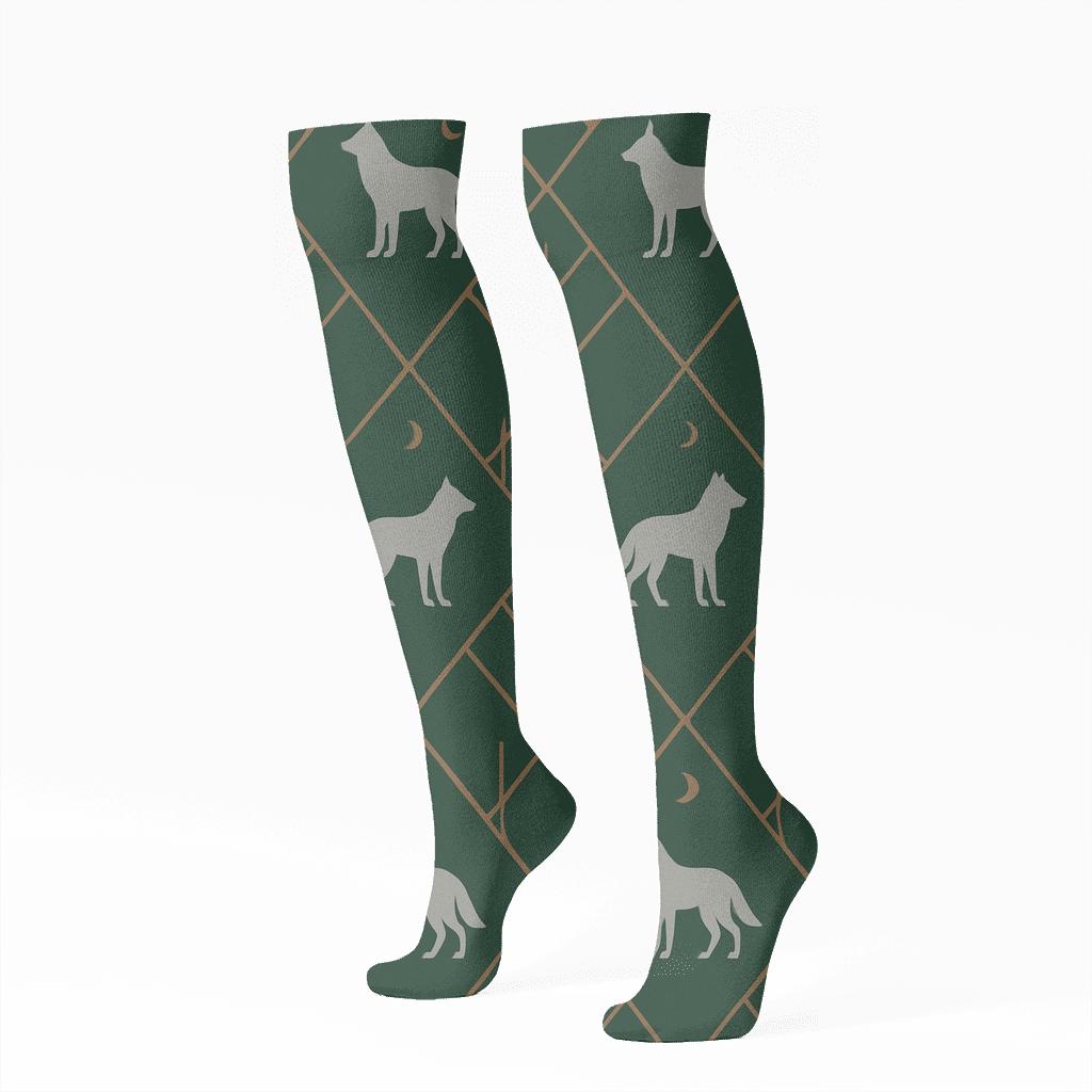 Forest Lattice With Gray Wolf Silhouettes designer print knee-high socks