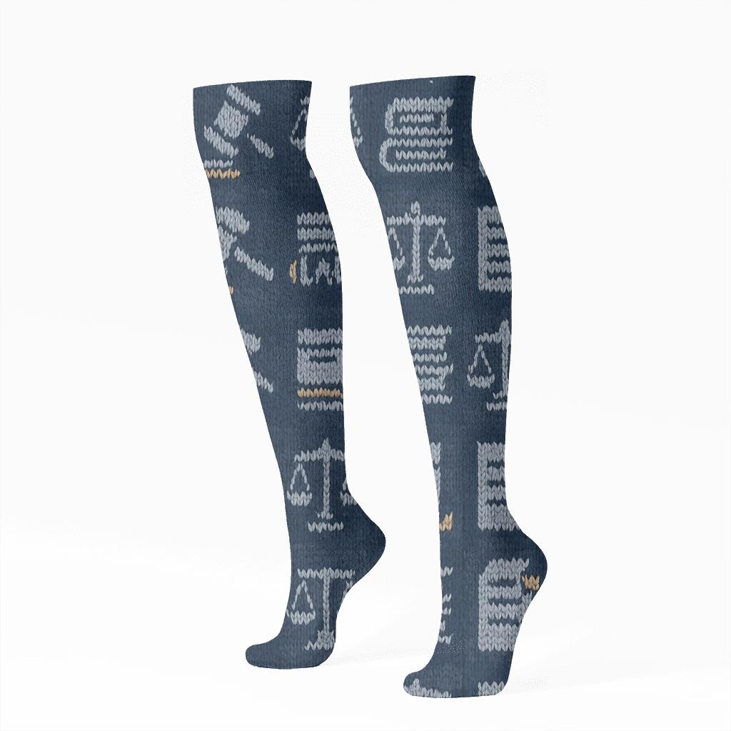 Paralegal Knit Illusion Gavel And Scales Grid unique graphic knee-high socks