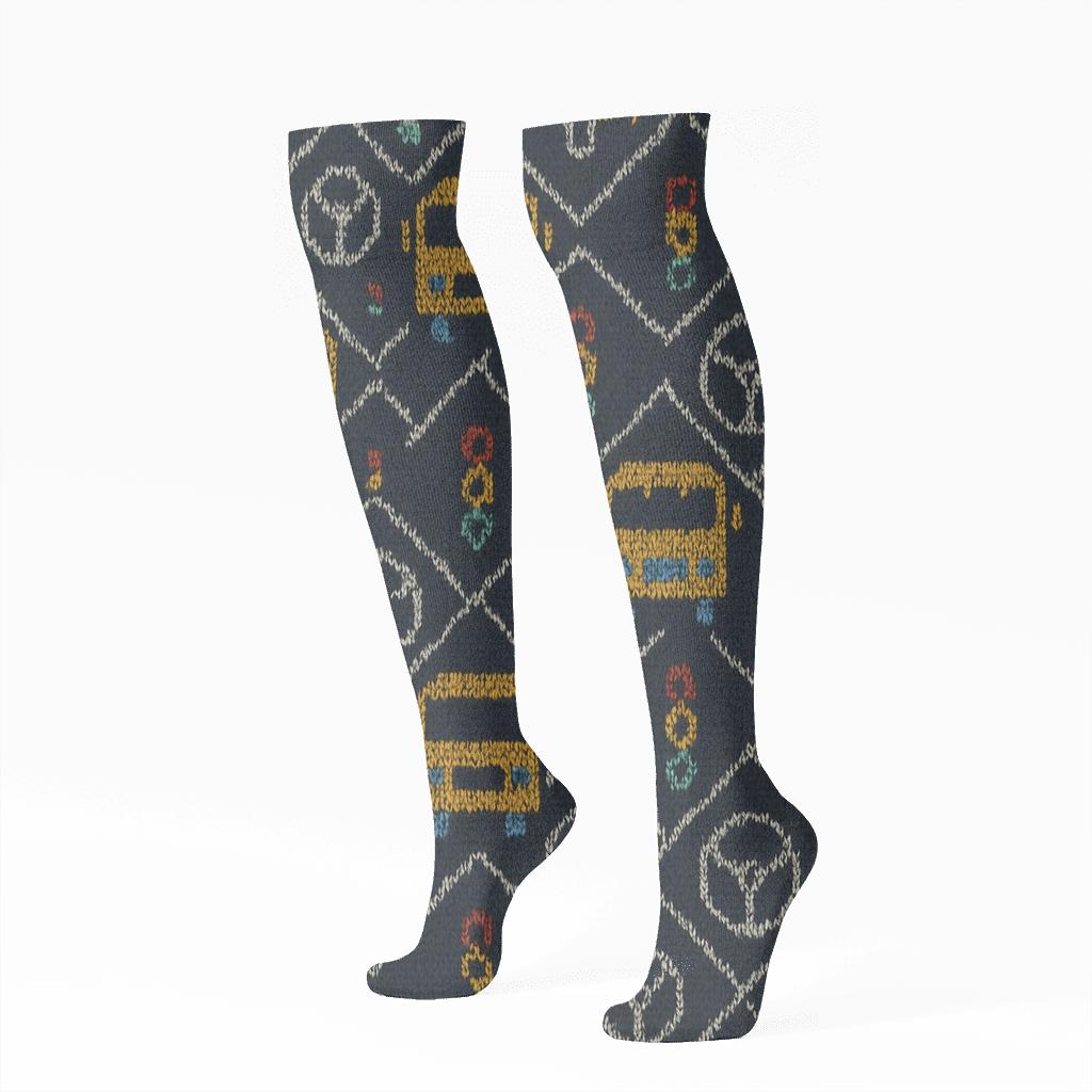 Bus Driver Knit Illusion Road Sign Lattice trendy patterned knee-high socks