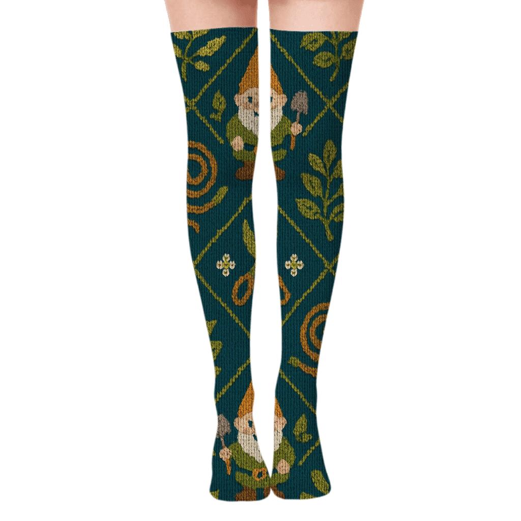 Landscaper Knit Illusion Gnome And Tool Tessellation stylish fashion over-the-knee socks