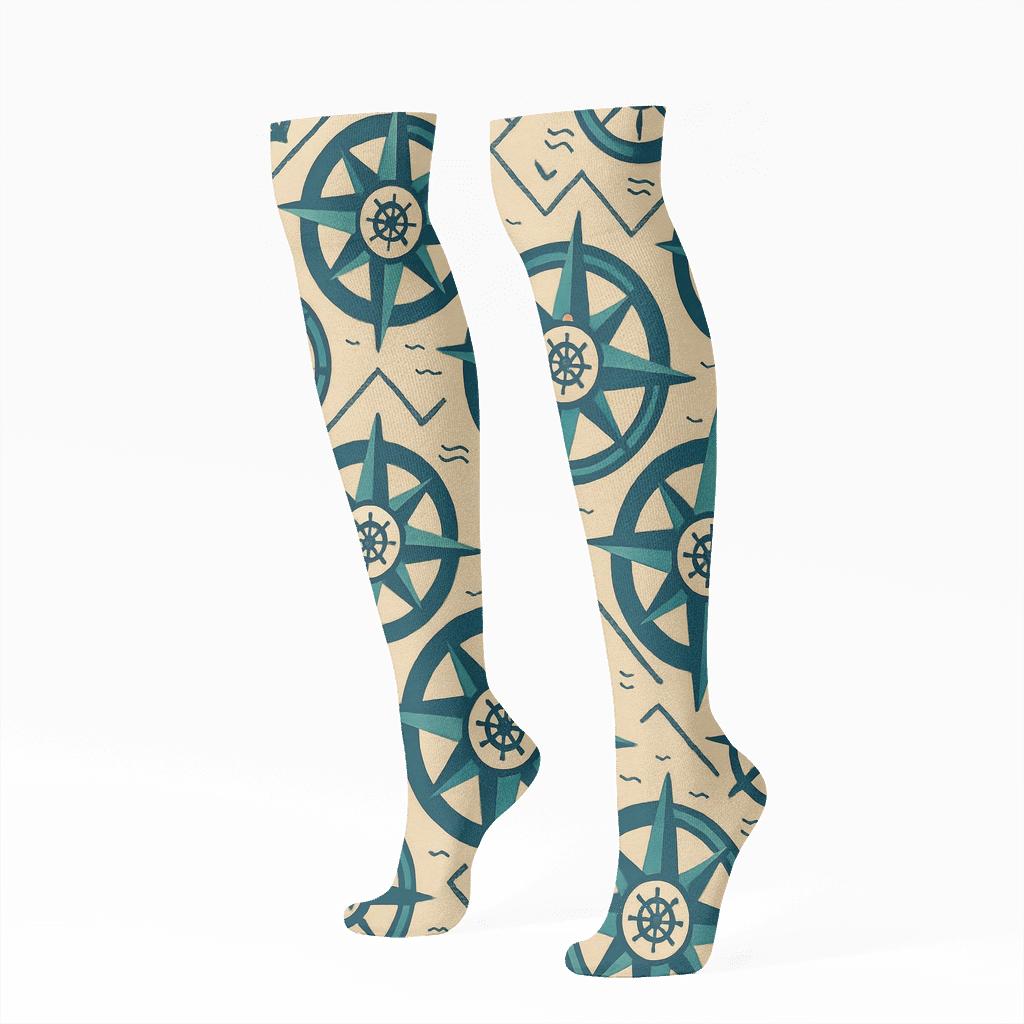 Compass Quilt Tiles, Ship Captain Edition designer print knee-high socks