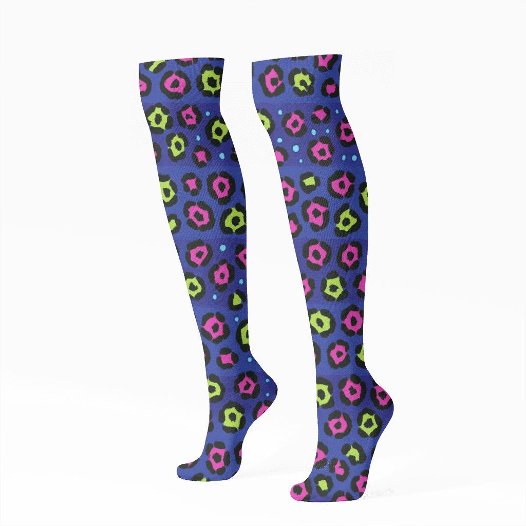 Neon Rosette Stripe Pulse On Indigo Background unique graphic knee-high socks
