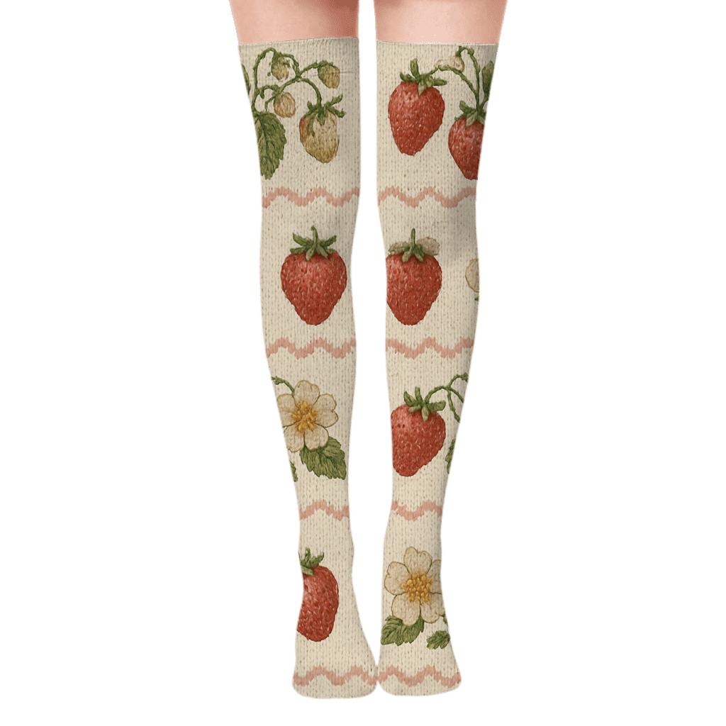 Vintage Strawberry Field Band Weave On Ivory Background soft everyday over-the-knee socks