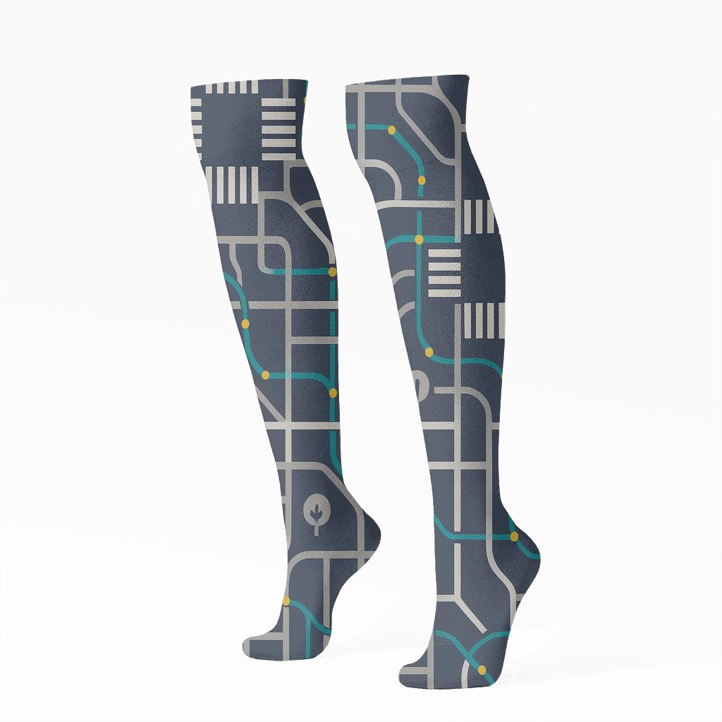 Street Grid Rhythm Urban Planner Blueprint stylish athletic knee-high socks