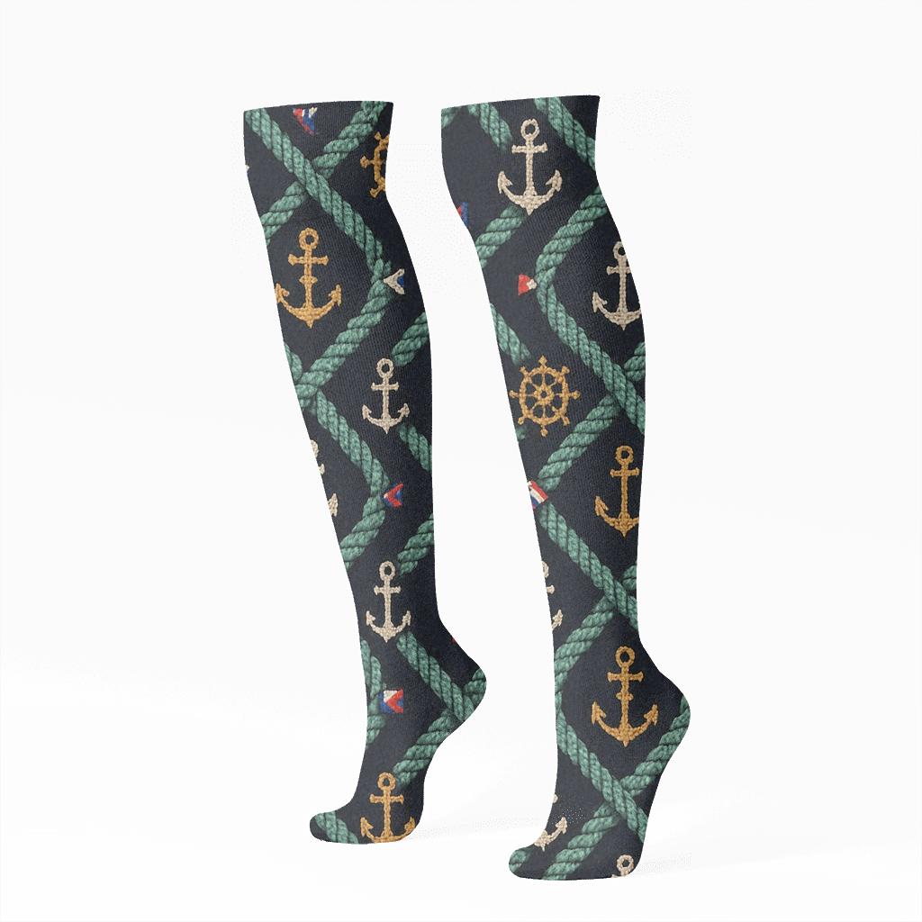 Knit Illusion Ship Captain Rope And Wave Lattice stylish athletic knee-high socks