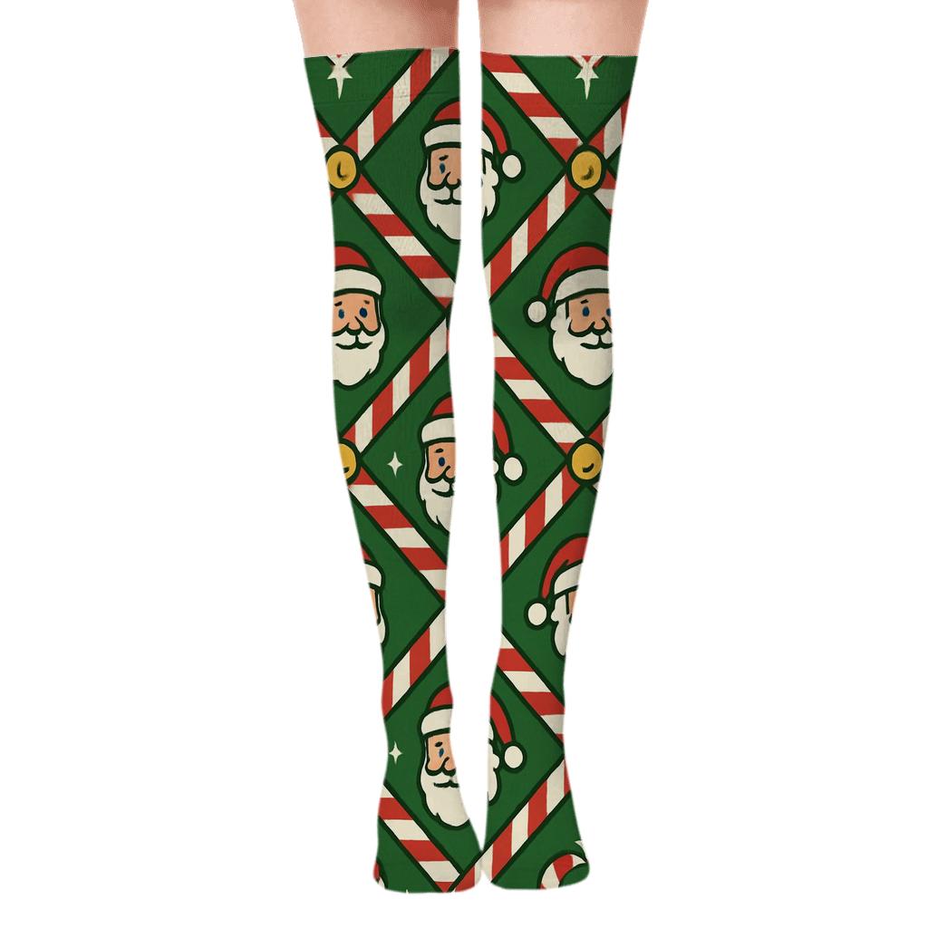 Candy Cane Lattice With Santa Claus Cameos unique graphic over-the-knee socks