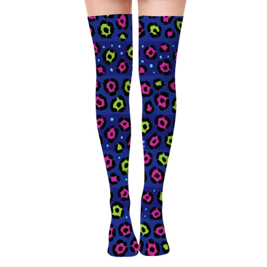 Neon Rosette Stripe Pulse On Indigo Background premium cozy over-the-knee socks