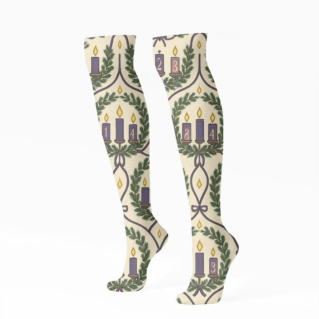 Wreath Lattice Pattern With Advent Candles premium sports knee-high socks