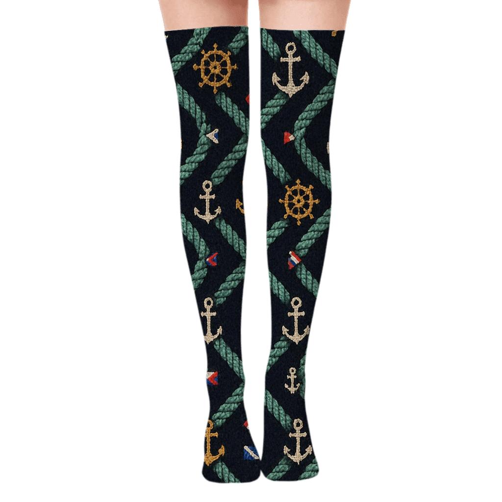 Knit Illusion Ship Captain Rope And Wave Lattice trendy patterned over-the-knee socks