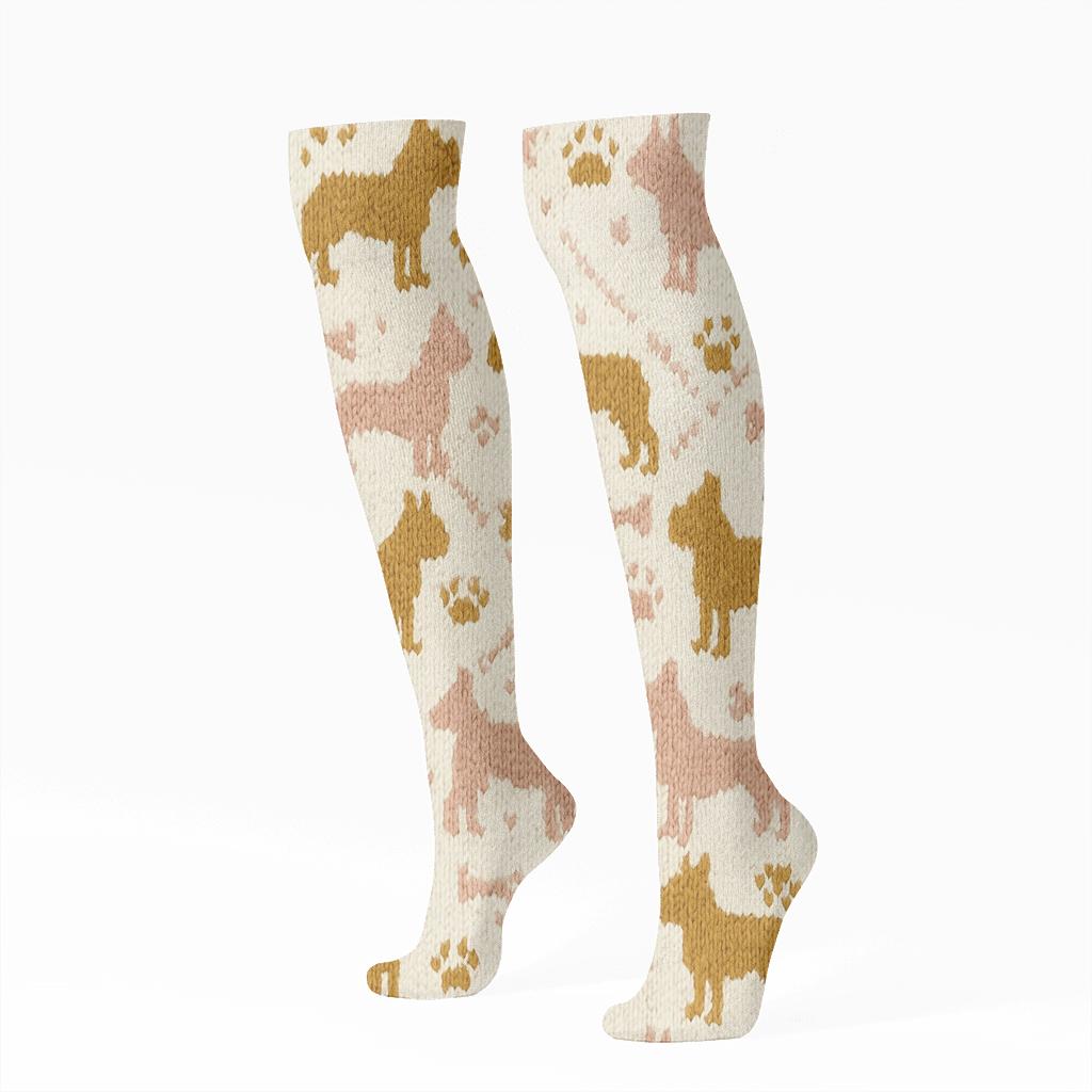 Knitted Brindle Bulldog Cable Tessellation unique graphic knee-high socks