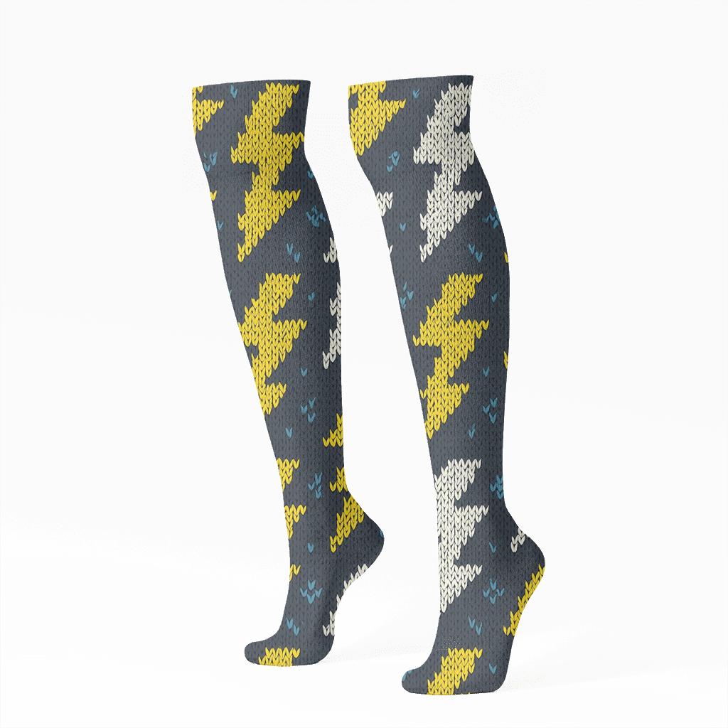Fractal Bolt Chevron Knit On Charcoal Storm Ground comfortable cotton knee-high socks