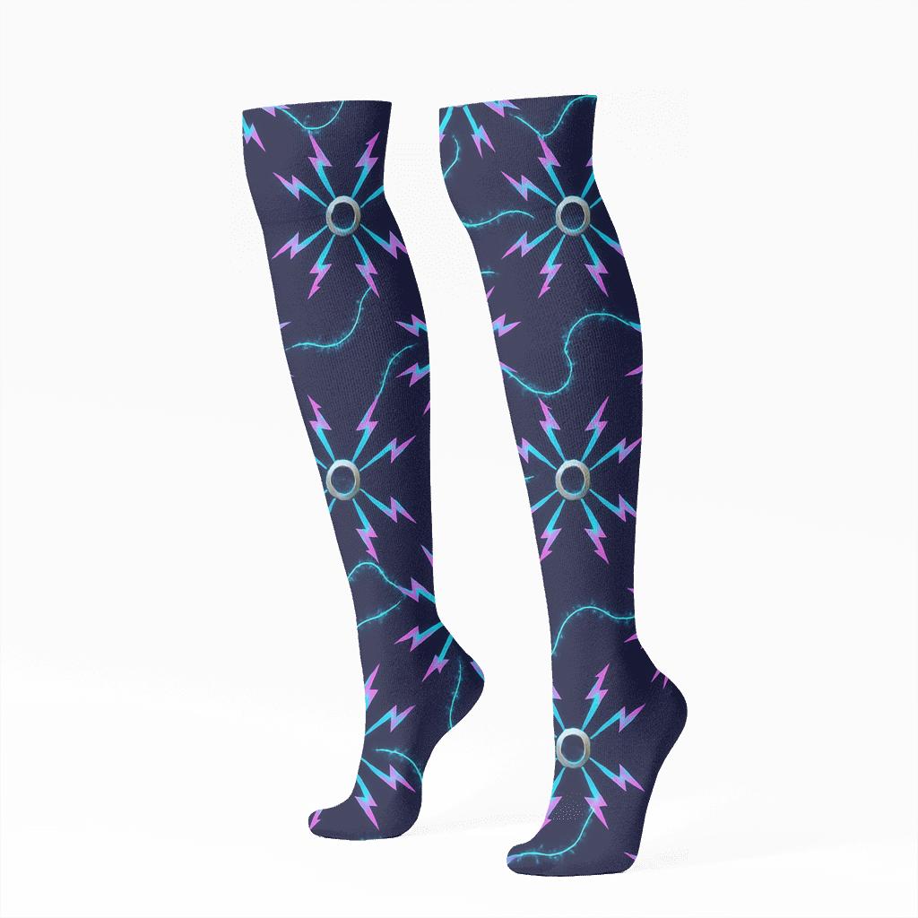 Radial Neon Arc Burst Grid On Deep Indigo Field personalized knee-high socks
