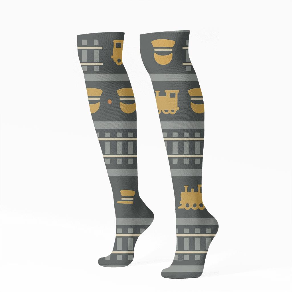 Railway Tie Bands With Train Conductor Silhouette March comfortable cotton knee-high socks