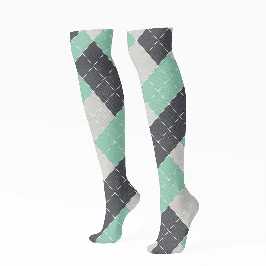 Mint And Charcoal Diagonal Diamond Check With Micro Herringbone Fill premium sports knee-high socks