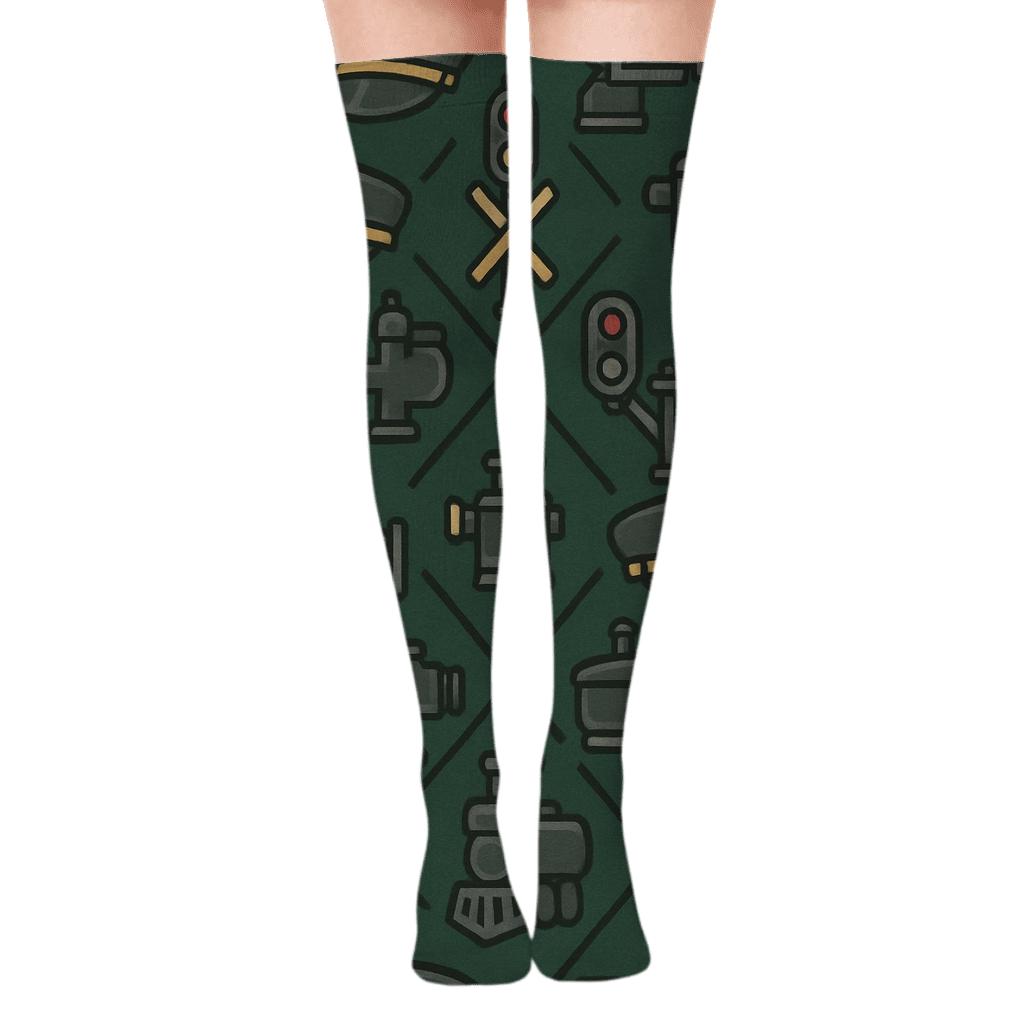 Train Conductor Signal And Whistle Lattice In Charcoal stylish fashion over-the-knee socks