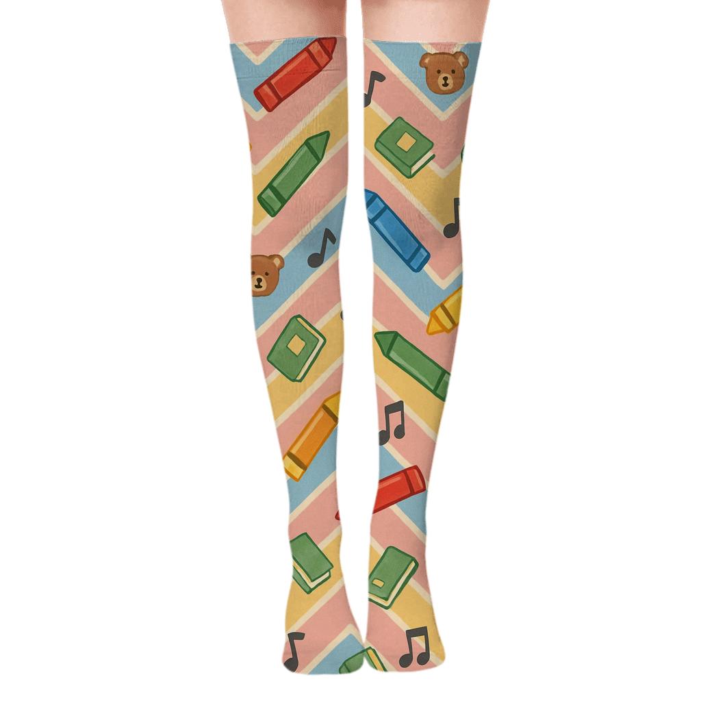 Crayon Zigzag Lullaby For Childcare Worker designer print over-the-knee socks