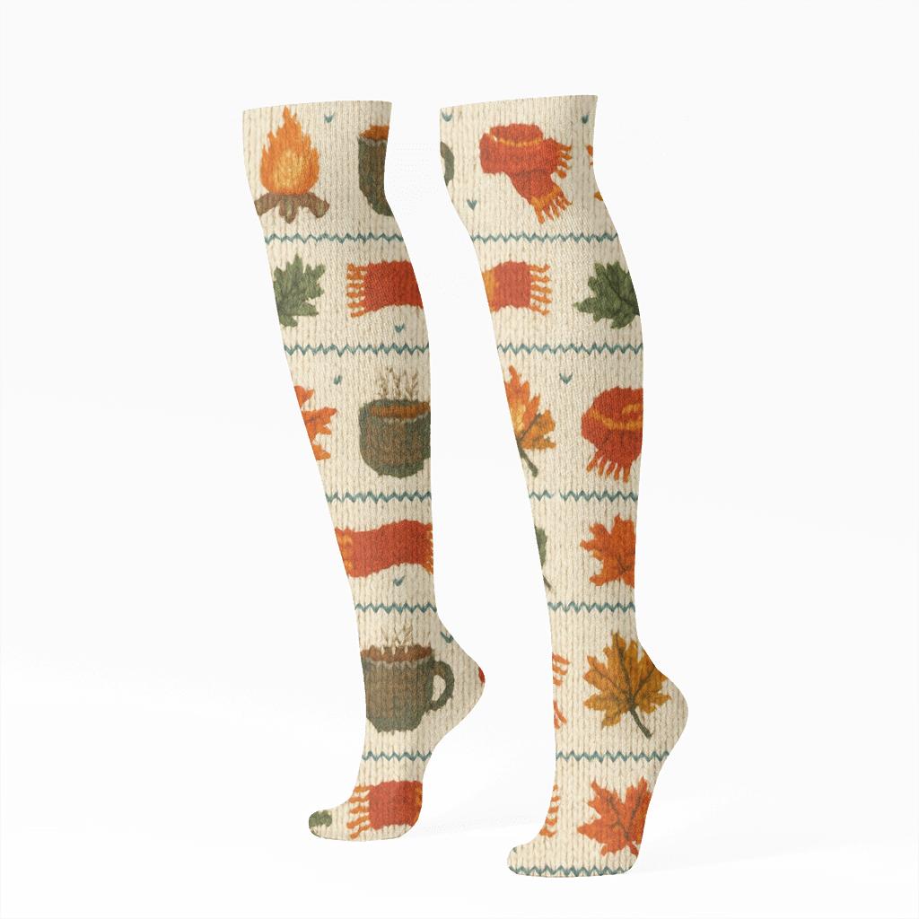 Knitted Campfire Mug Fair Isle On Creamy Beige Background designer print knee-high socks