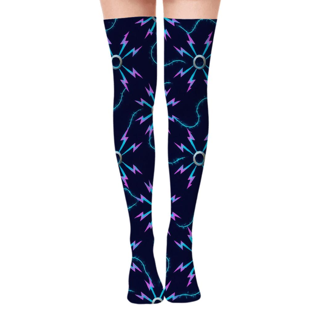 Radial Neon Arc Burst Grid On Deep Indigo Field trendy patterned over-the-knee socks