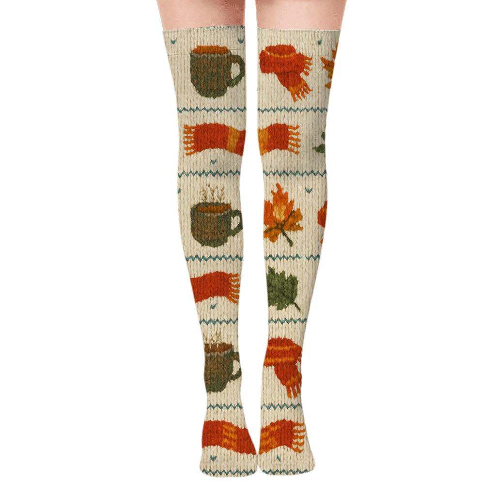 Knitted Campfire Mug Fair Isle On Creamy Beige Background unique graphic over-the-knee socks
