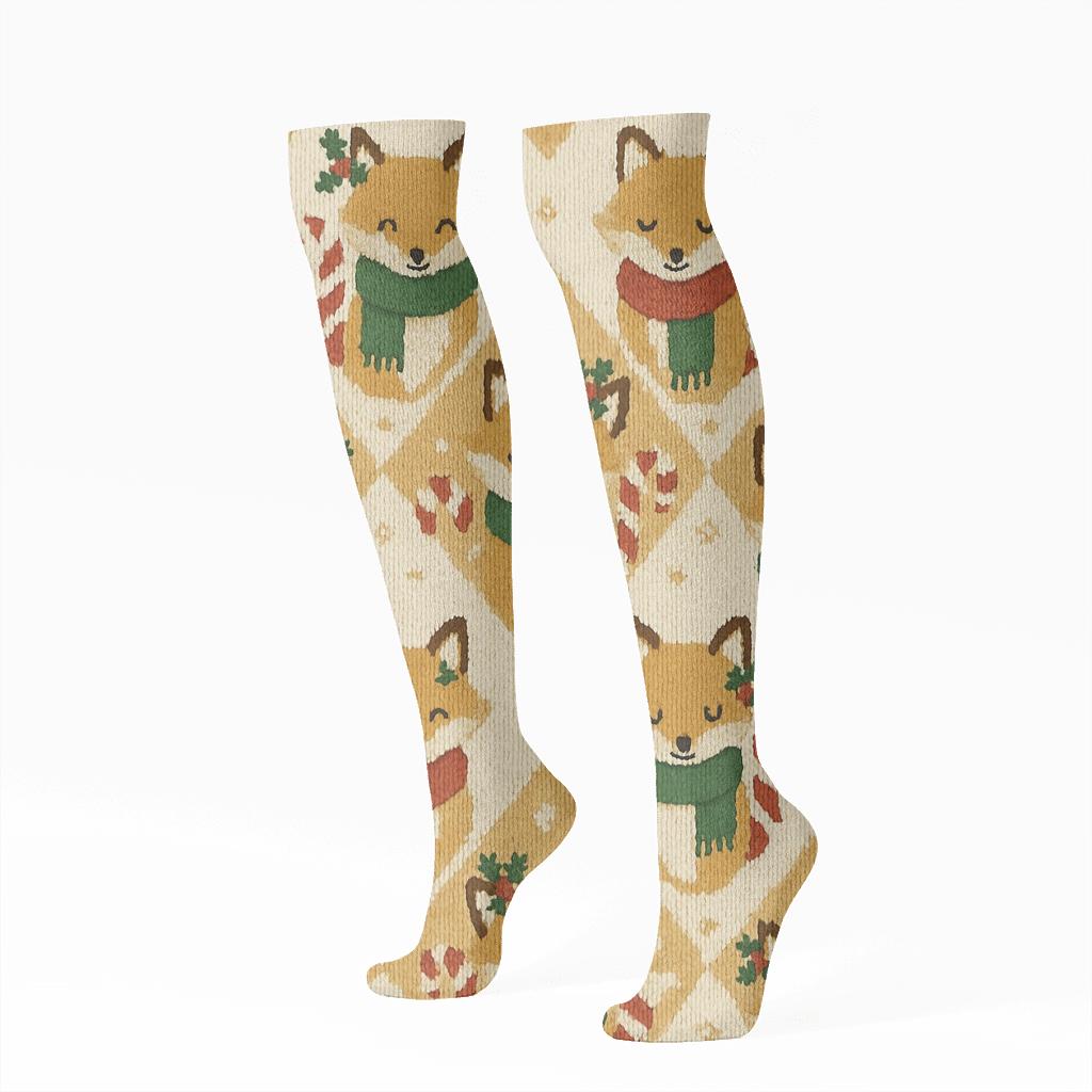 Holly Scarf Foxes Diamond Knit On Cream Background personalized knee-high socks