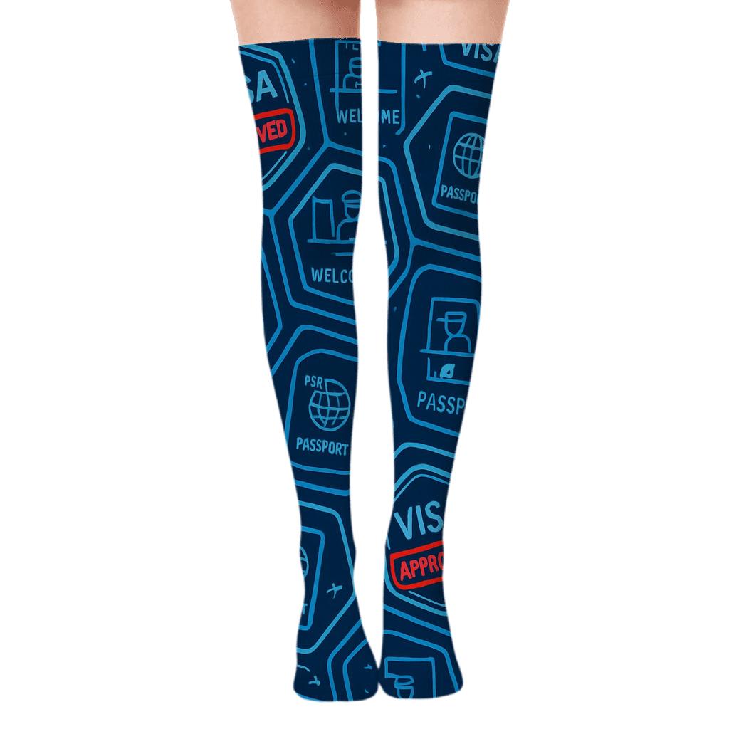Passport Stamp Tessellation With Immigration Officer Focus soft everyday over-the-knee socks