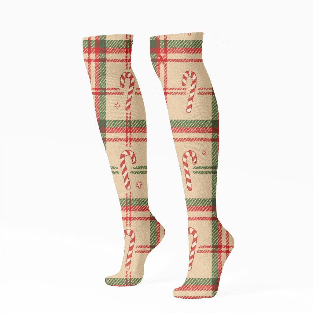 Candy Cane Plaid For Holiday Cozywear stylish athletic knee-high socks
