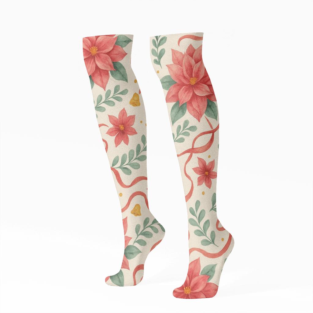 Poinsettia Ribbon Swirl Scatter On Warm Ivory Background trendy patterned knee-high socks