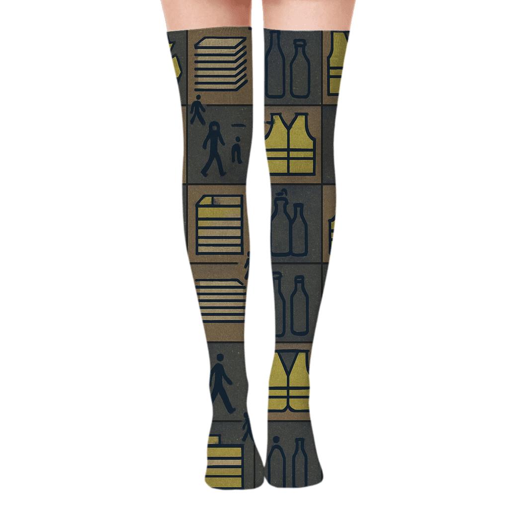 Industrial Collage Tiles With Recycling Plant Worker trendy patterned over-the-knee socks