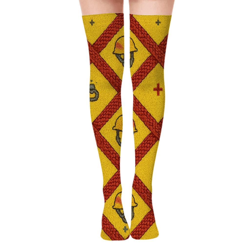 Rescue Worker Rope Band Lattice On Safety Yellow unique graphic over-the-knee socks