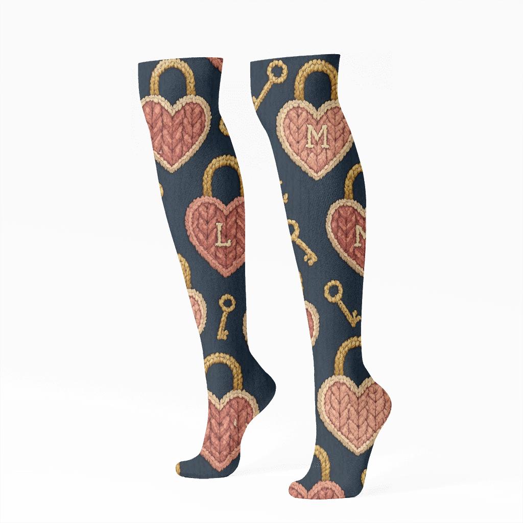 Ribbon Weave Love Locks In Valentines Heartshaped Lock And Key trendy patterned knee-high socks