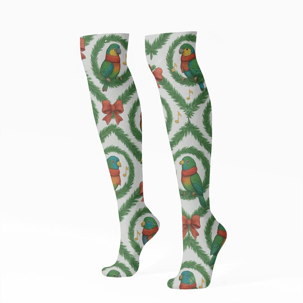 Parrot Carolers Wreath Lattice On Soft Gray Background personalized knee-high socks