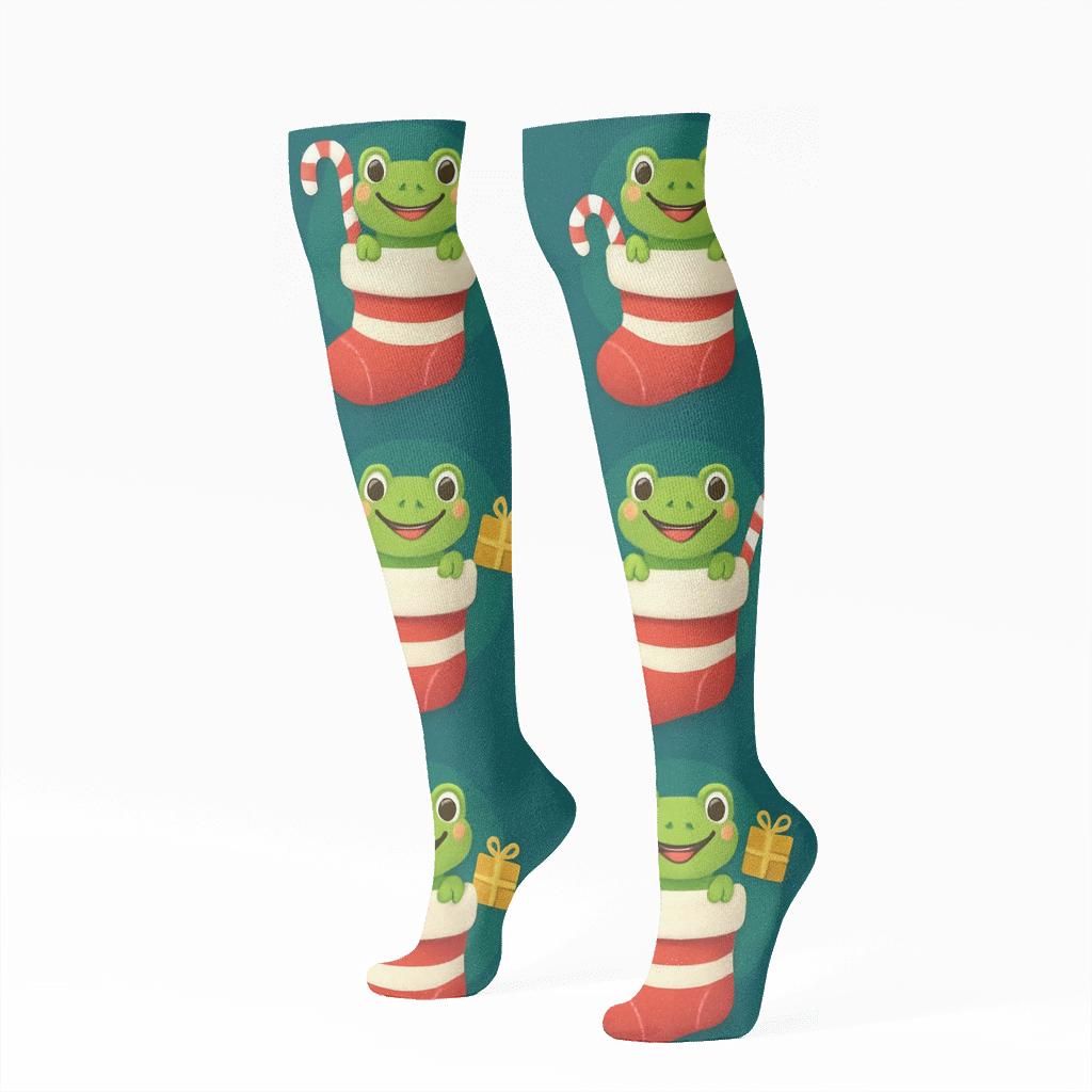 Frog Stocking Stuffers Polka Dot Tiles On Teal Background trendy patterned knee-high socks