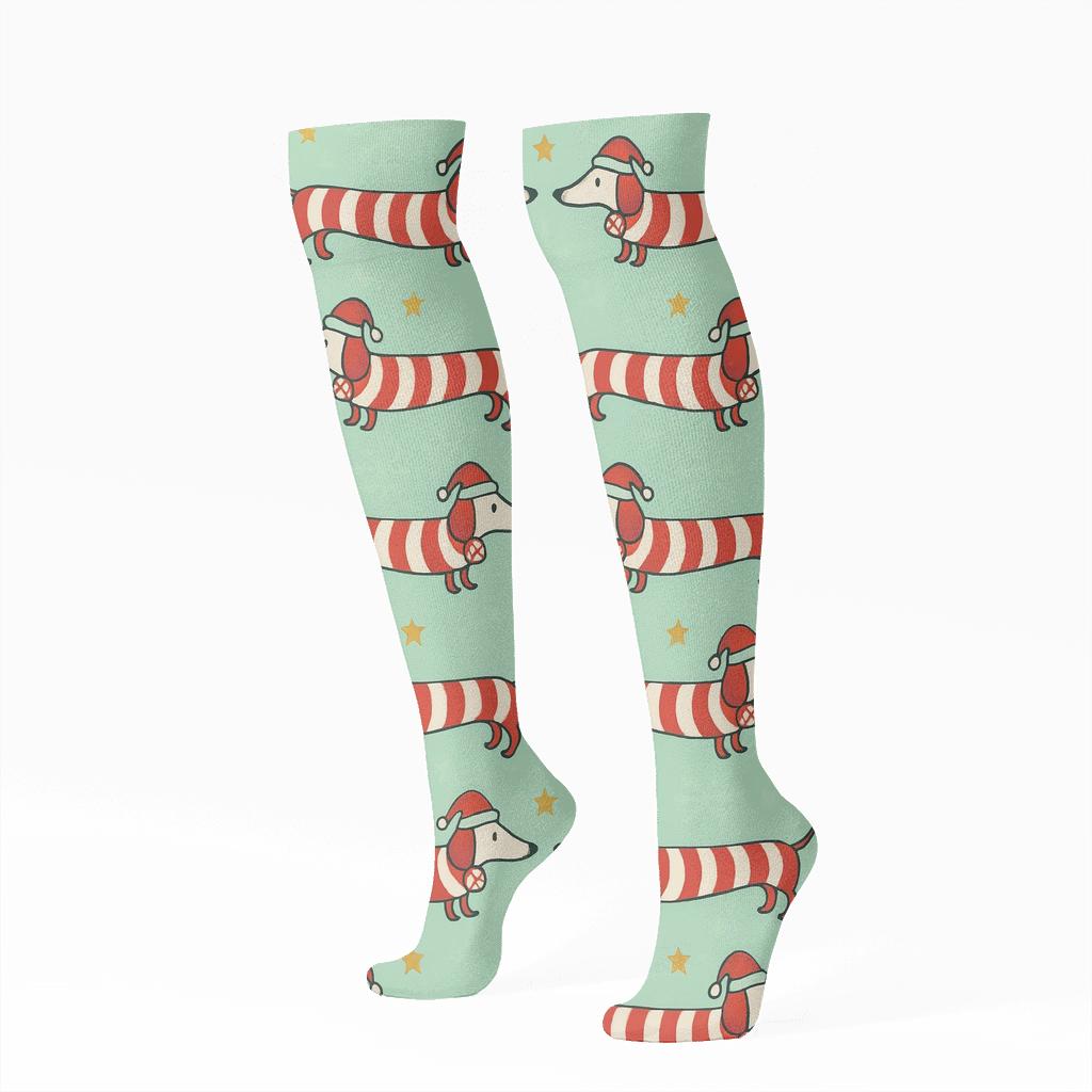 Candy Cane Dachshund Mirror Pairs On Mint Background soft everyday knee-high socks