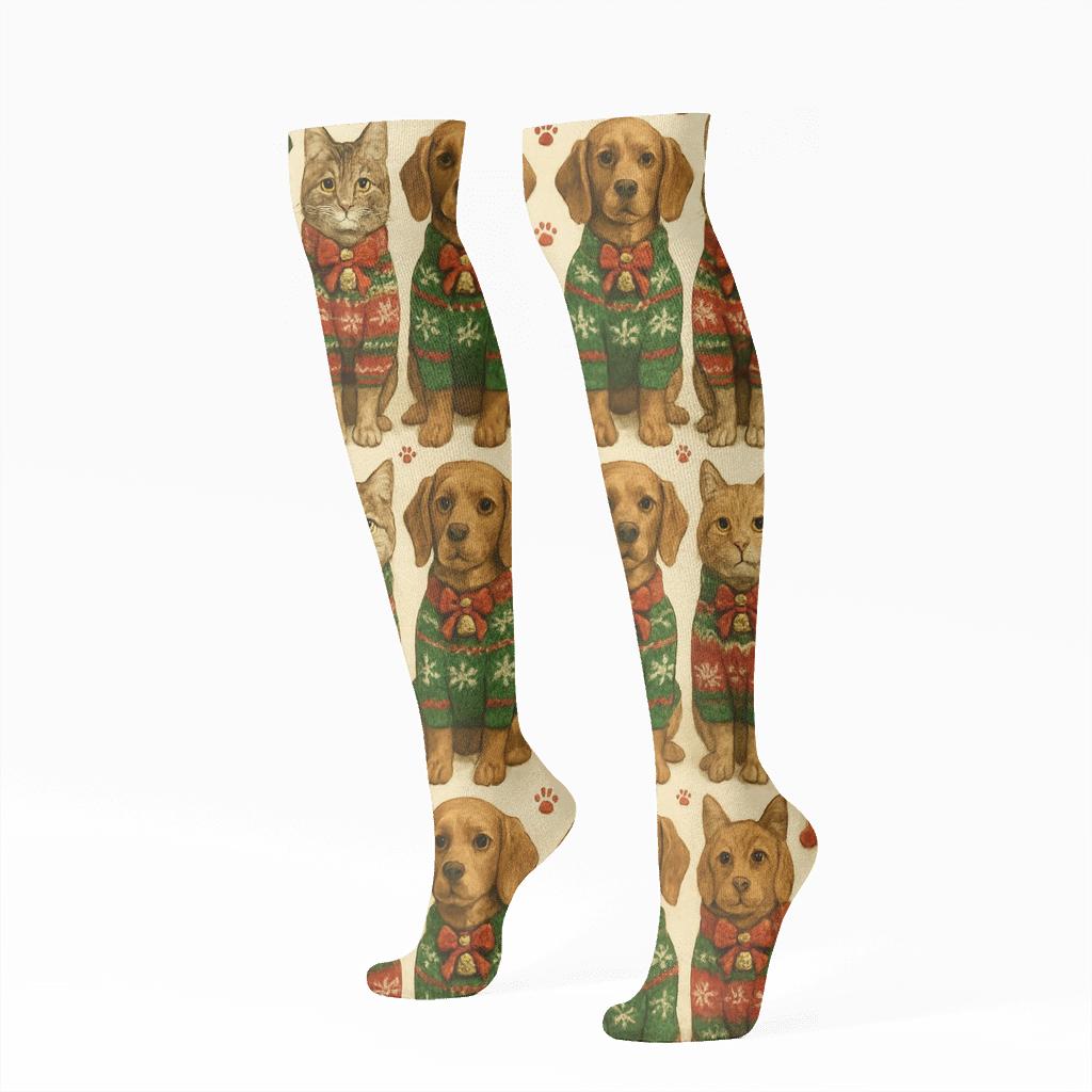 Holiday Pet Sweater Icons In Mirrored Pair Design custom knee-high socks