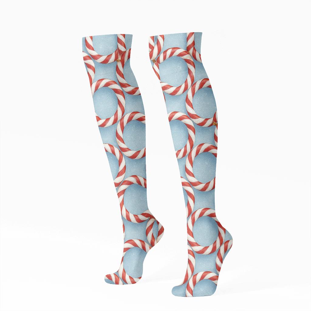 Icy Blue Field With Candy Canes Garland Rings custom knee-high socks