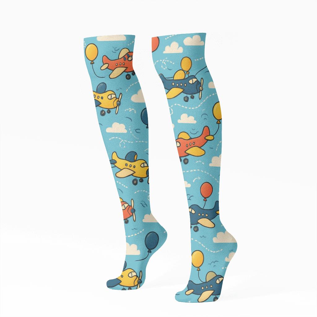 Playful Airplane Balloon Race Collage personalized knee-high socks