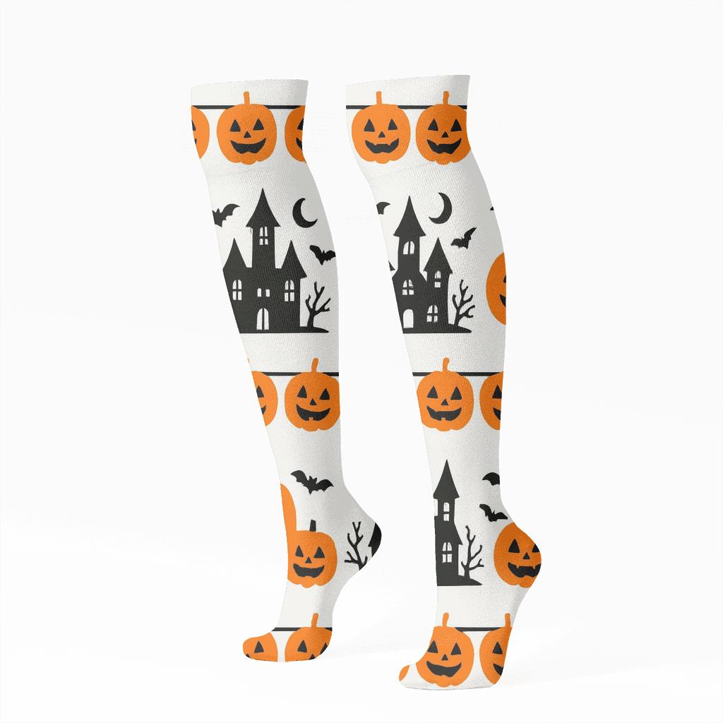 Haunted House Silhouette Border Stripe On White Background unique graphic knee-high socks