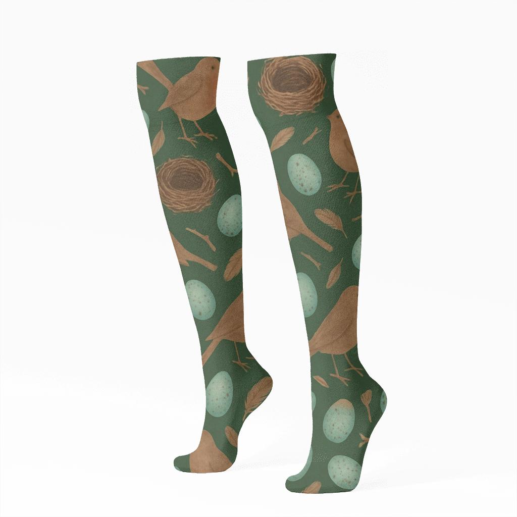 Robin Nest And Egg Scatter On Sage Field trendy patterned knee-high socks