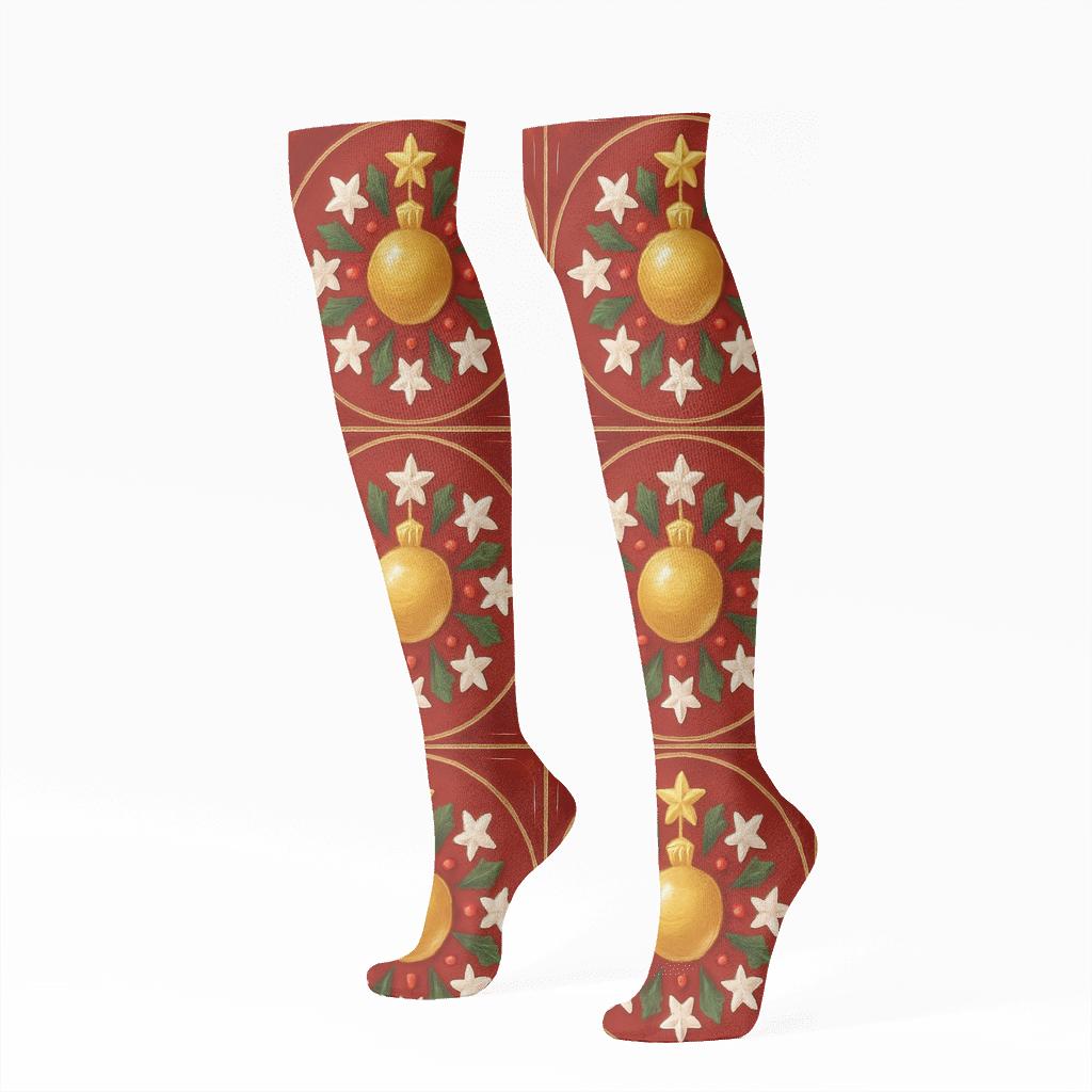 Christmas Ornament Mandala Tiles On Red Background designer print knee-high socks