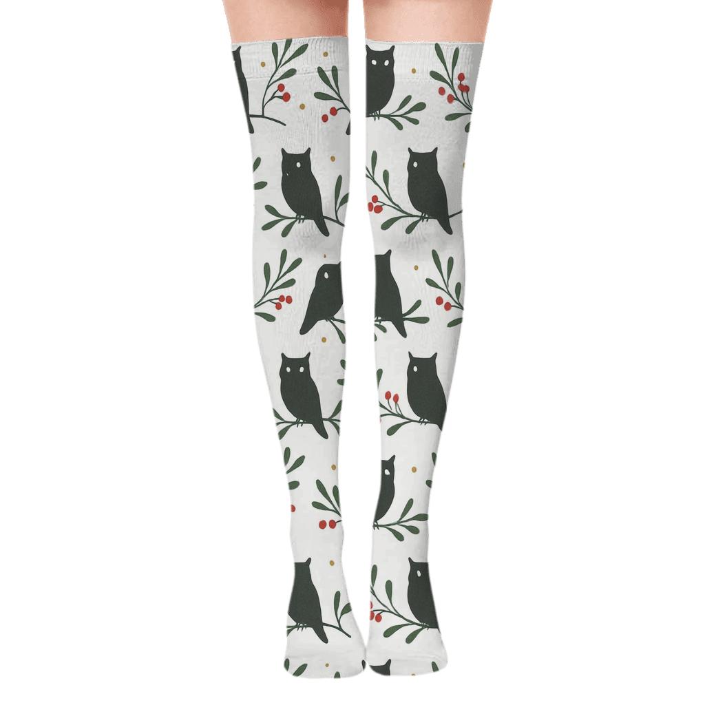 Minimal Snowy Owl Silhouettes And Mistletoe Stripe Repeat On White Background stylish fashion over-the-knee socks