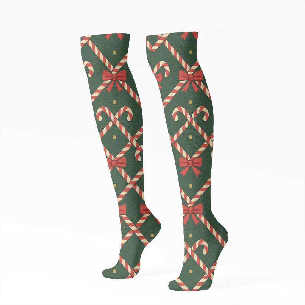 Candy Canes Lattice On Deep Green Poster Ground comfortable cotton knee-high socks
