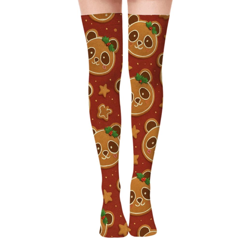 Gingerbread Panda Faces Scatter On Warm Red Background premium cozy over-the-knee socks
