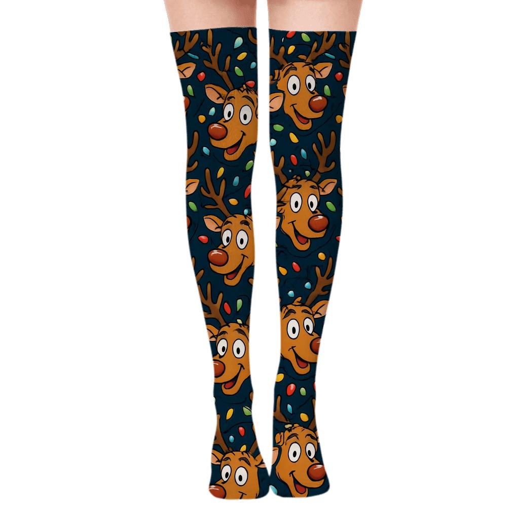 Xmas Reindeer Light Tangle Tessellation trendy patterned over-the-knee socks