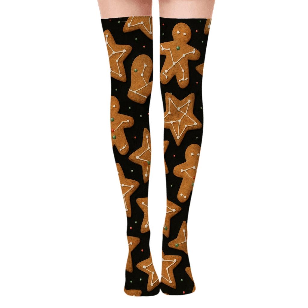 Black Background Xmas Gingerbread Constellation Scatter custom over-the-knee socks