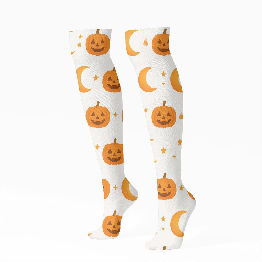 Crescent Moon And Pumpkin Phase Row On White Background soft everyday knee-high socks